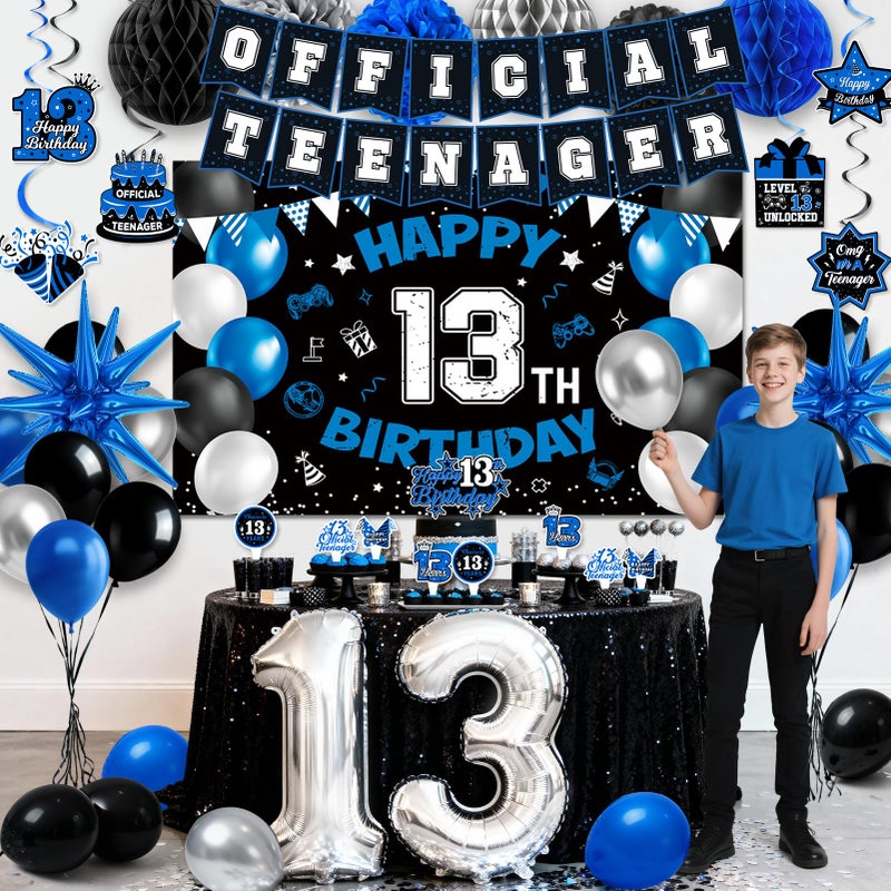 REDWORD 13th Birthday Decorations for Boys, 45Pcs Blue Black Official Teenager Decorations Include Happy 13th Birthday Backdrop Hanging Swirls 32inch 13 Foil Balloons Cake Toppers for Boy Birthdays Decor - Image 5