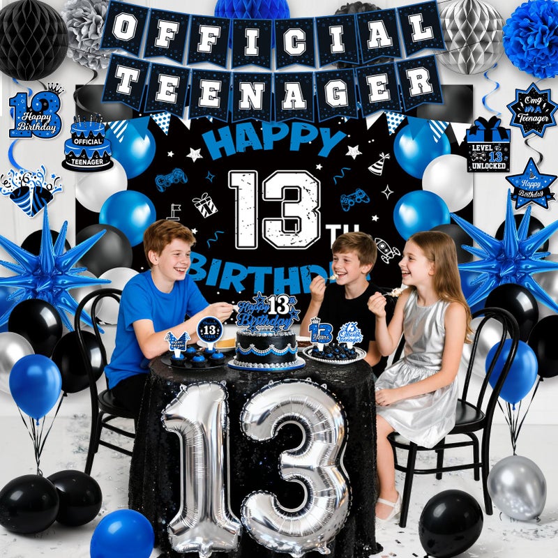 REDWORD 13th Birthday Decorations for Boys, 45Pcs Blue Black Official Teenager Decorations Include Happy 13th Birthday Backdrop Hanging Swirls 32inch 13 Foil Balloons Cake Toppers for Boy Birthdays Decor - Image 4