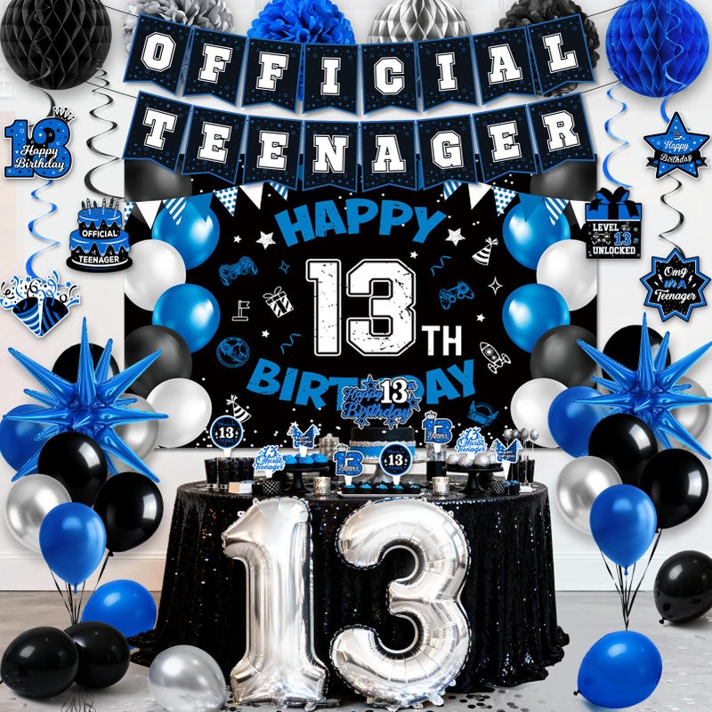 REDWORD 13th Birthday Decorations for Boys, 45Pcs Blue Black Official Teenager Decorations Include Happy 13th Birthday Backdrop Hanging Swirls 32inch 13 Foil Balloons Cake Toppers for Boy Birthdays Decor - Image 1