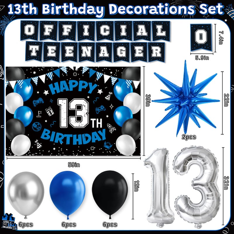 REDWORD 13th Birthday Decorations for Boys, 45Pcs Blue Black Official Teenager Decorations Include Happy 13th Birthday Backdrop Hanging Swirls 32inch 13 Foil Balloons Cake Toppers for Boy Birthdays Decor - Image 2