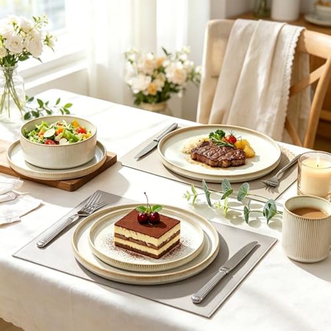 MONITO Ceramic Dinnerware 16 Pieces Dinner Set10.6In Stoneware Plates And Bowls Sets, Highly Chip And Crack Resistant | Dishwasher & Microwave Dishes Set,Gift, Bonbon Beige - Image 5