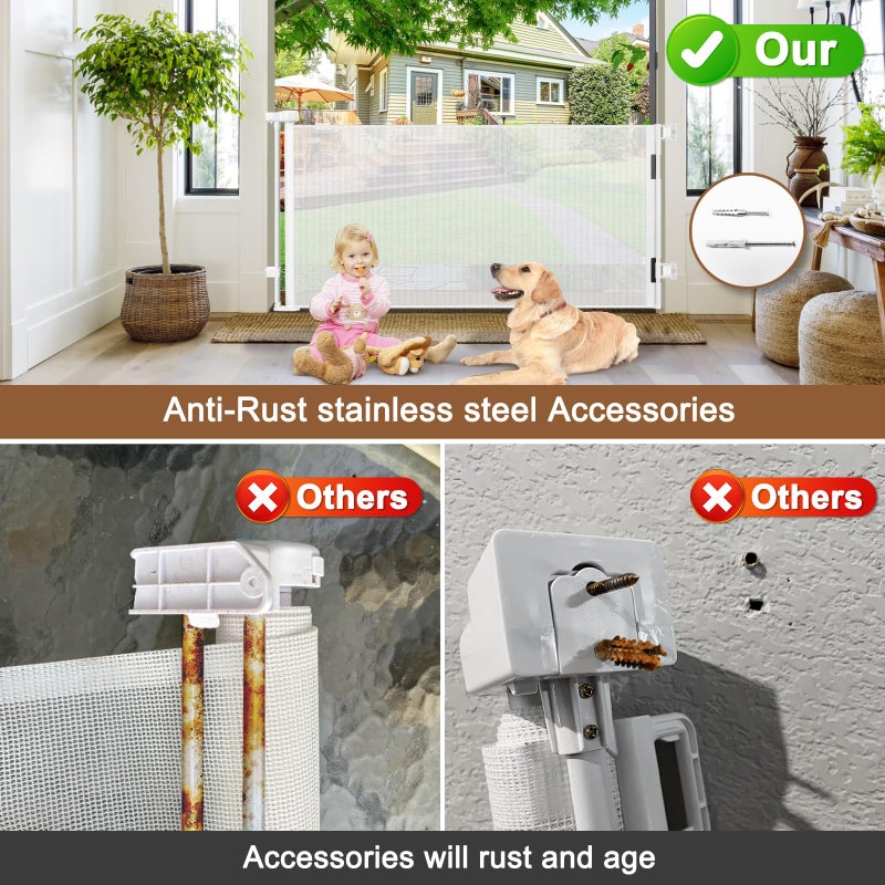 BETERTEK Weatherproof Outdoor Retractable Baby Gates for Decks, 55" Wide Waterproof Retractable Dog Gate with No Rust Screws and Rods, Scratch-Resistant Mesh Outdoor Baby Gate/Fence/Barrier/Screen, White - Image 3