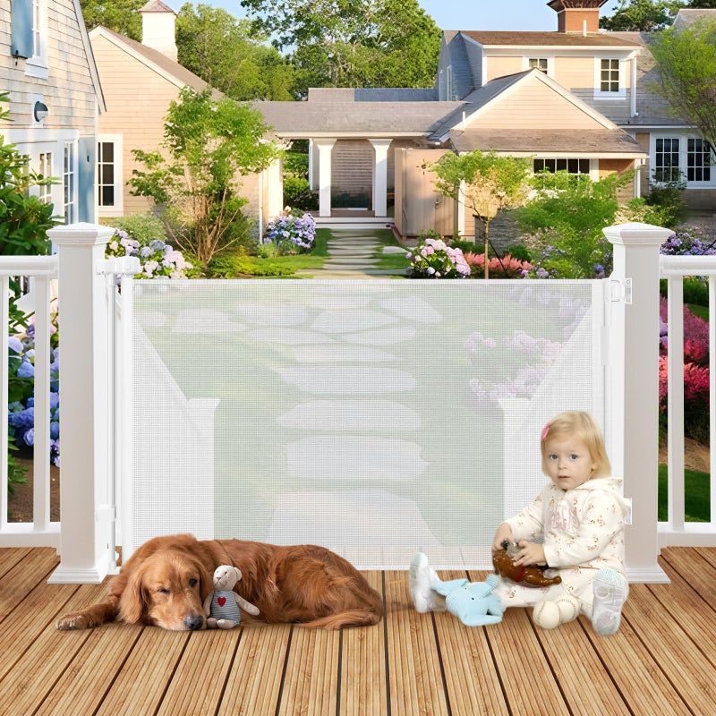 BETERTEK Weatherproof Outdoor Retractable Baby Gates for Decks, 55" Wide Waterproof Retractable Dog Gate with No Rust Screws and Rods, Scratch-Resistant Mesh Outdoor Baby Gate/Fence/Barrier/Screen, White - Image 1