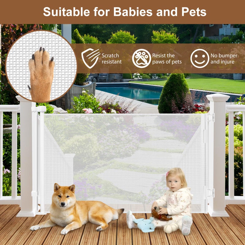 BETERTEK Weatherproof Outdoor Retractable Baby Gates for Decks, 55" Wide Waterproof Retractable Dog Gate with No Rust Screws and Rods, Scratch-Resistant Mesh Outdoor Baby Gate/Fence/Barrier/Screen, White - Image 5