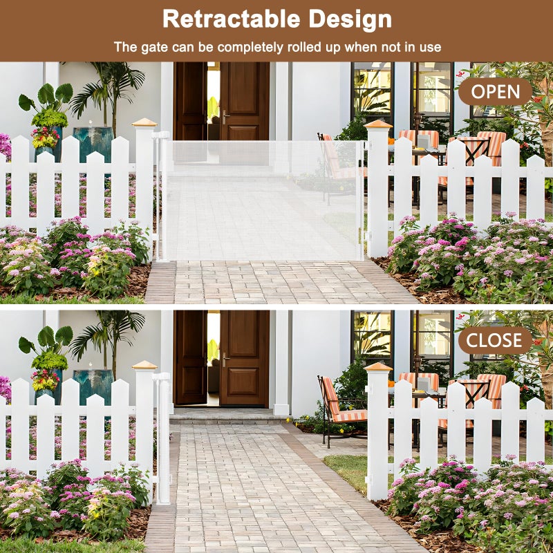 BETERTEK Weatherproof Outdoor Retractable Baby Gates for Decks, 55" Wide Waterproof Retractable Dog Gate with No Rust Screws and Rods, Scratch-Resistant Mesh Outdoor Baby Gate/Fence/Barrier/Screen, White - Image 4