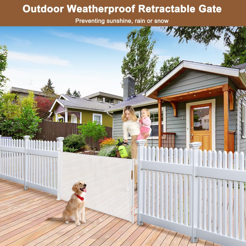 BETERTEK Weatherproof Outdoor Retractable Baby Gates for Decks, 55" Wide Waterproof Retractable Dog Gate with No Rust Screws and Rods, Scratch-Resistant Mesh Outdoor Baby Gate/Fence/Barrier/Screen, White - Image 2