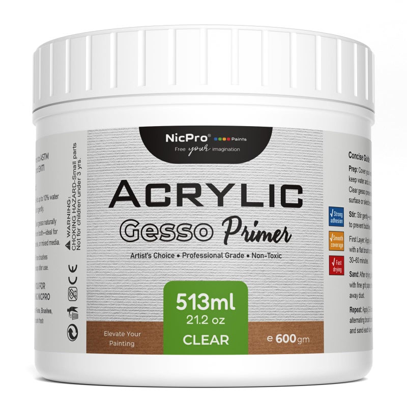 Nicpro Clear Gesso Primer for Acrylic Painting(21.2Oz / 513ML), Gesso Surface Prep Medium for Acrylic Paint, Oil Paint, Pencil & Pastel, Mixable Clear Gesso Primer for Canvas, Wood, Paper, Plastic - Image 1