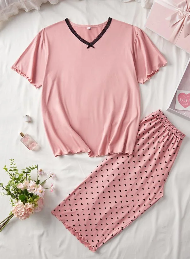 Take Two Pink Plus Size V Neck Top and Heart Print Shorts Set for Women | Best Price UAE