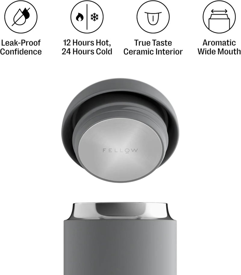 FELLOW Carter Everywhere Mug, Vacuum Insulated w/True Taste Ceramic Coating, Matte Grey 12oz - Image 2