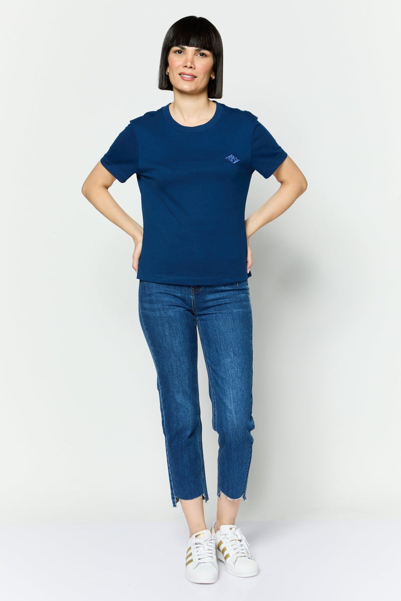 ESPRIT Women Crew Neck Short Sleeves Brand Logo T-Shirt, Navy Blue - Image 2