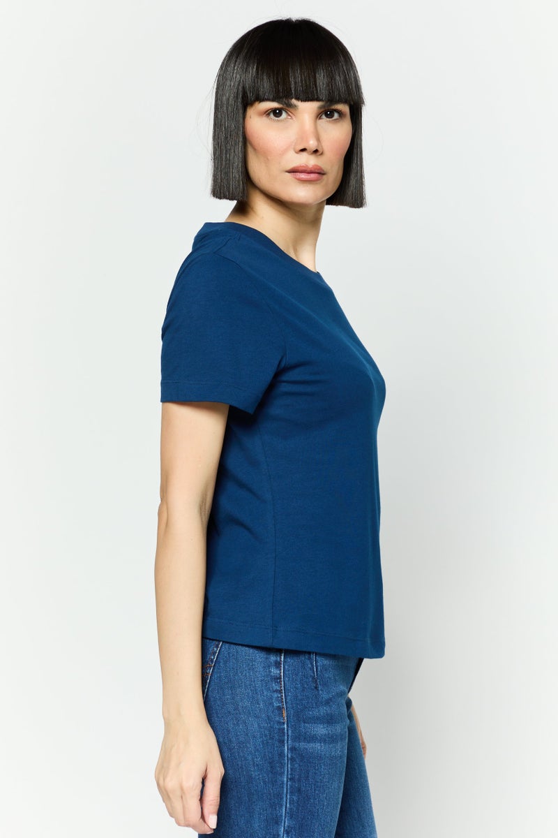 ESPRIT Women Crew Neck Short Sleeves Brand Logo T-Shirt, Navy Blue - Image 4