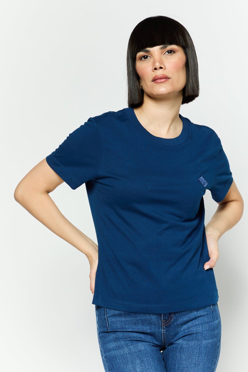 ESPRIT Women Crew Neck Short Sleeves Brand Logo T-Shirt, Navy Blue - Image 1