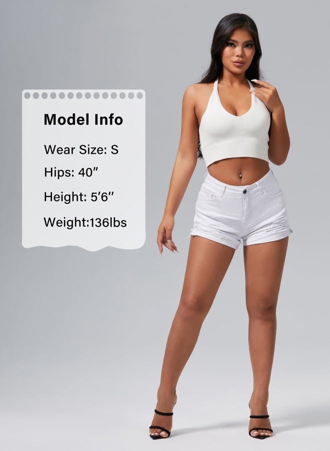 roswear Women's Ripped Mid Rise Stretchy Denim Jeans Shorts, White, M - Image 5