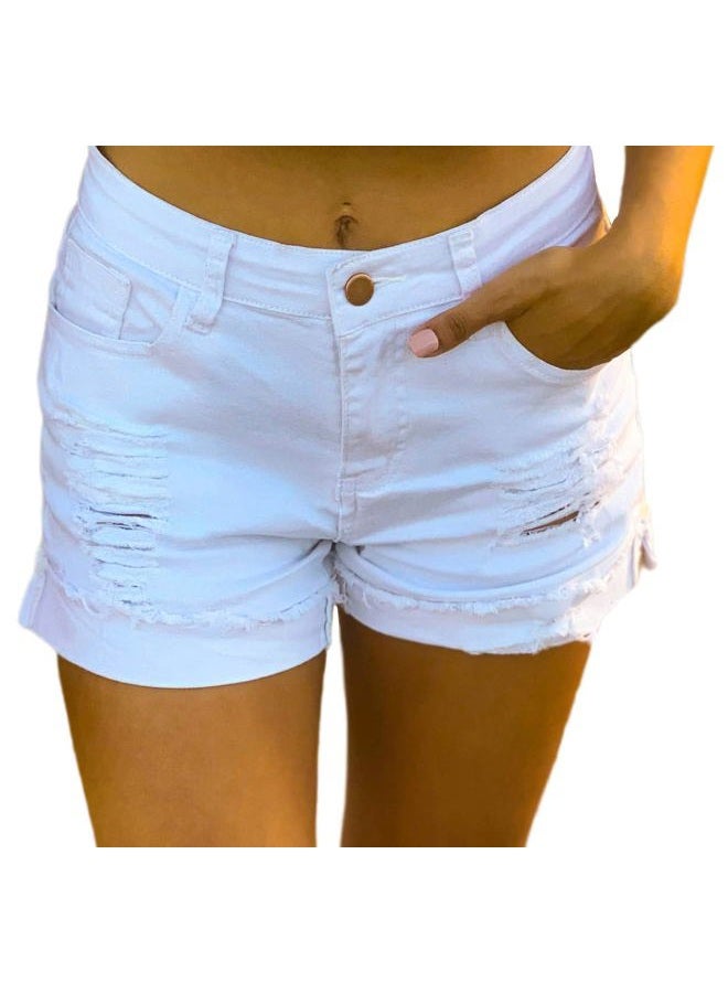 roswear Women's Ripped Mid Rise Stretchy Denim Jeans Shorts, White, M - Image 1