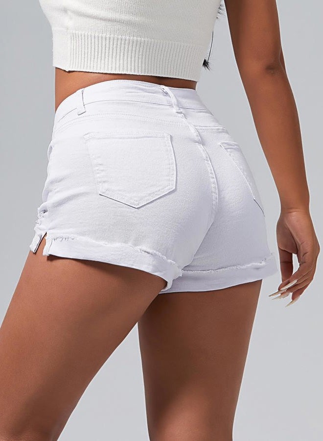 roswear Women's Ripped Mid Rise Stretchy Denim Jeans Shorts, White, M - Image 4