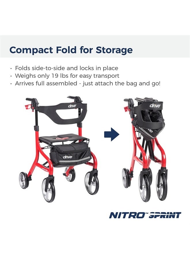 Drive Medical - Nitro Sprint Foldable Rollator Walker with Seat, Tall Height Lightweight Rollator with Large Wheels, Folding Rollator, Four Wheel Rolling Walker, Red - Image 1