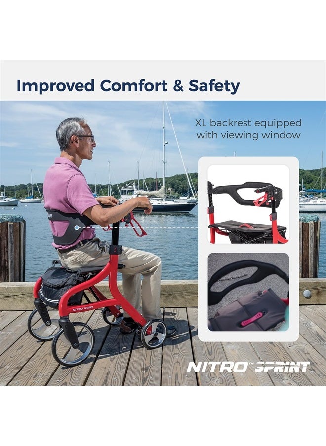 Drive Medical - Nitro Sprint Foldable Rollator Walker with Seat, Tall Height Lightweight Rollator with Large Wheels, Folding Rollator, Four Wheel Rolling Walker, Red - Image 1