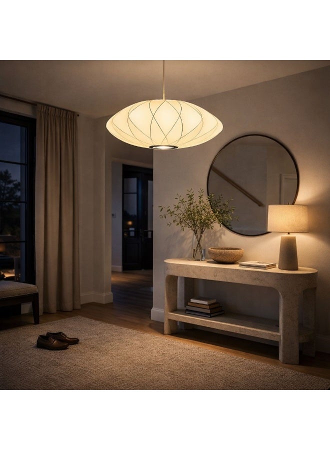 An elegant chandelier with a modern design crafted from silk and an internal metal structure, adding a touch of luxury and warmth to the space. - Image 1