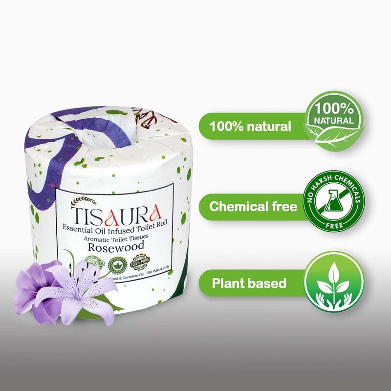 TISAURA Rosewood Aromatic Toilet Rolls With Bathroom Freshener (Rosewood) 2 Ply, 250 Pulls (Pack of 2), 500 Pulls Total - Luxurious Aroma with 100% Pure Plant Based Essenial Oils - Image 4