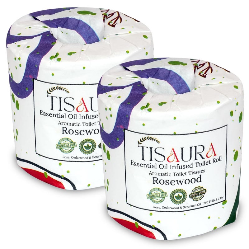 TISAURA Rosewood Aromatic Toilet Rolls With Bathroom Freshener (Rosewood) 2 Ply, 250 Pulls (Pack of 2), 500 Pulls Total - Luxurious Aroma with 100% Pure Plant Based Essenial Oils - Image 1
