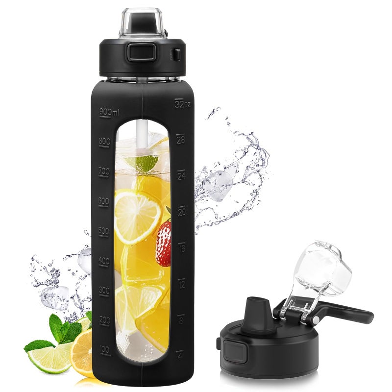 Kodrine 32 oz Glass Water Bottle with Straw and Carry Loop OneTouch Leakproof Locking Lid Reusable Drinking Bottle with Time Marker for Travel Home Gym Sports Black