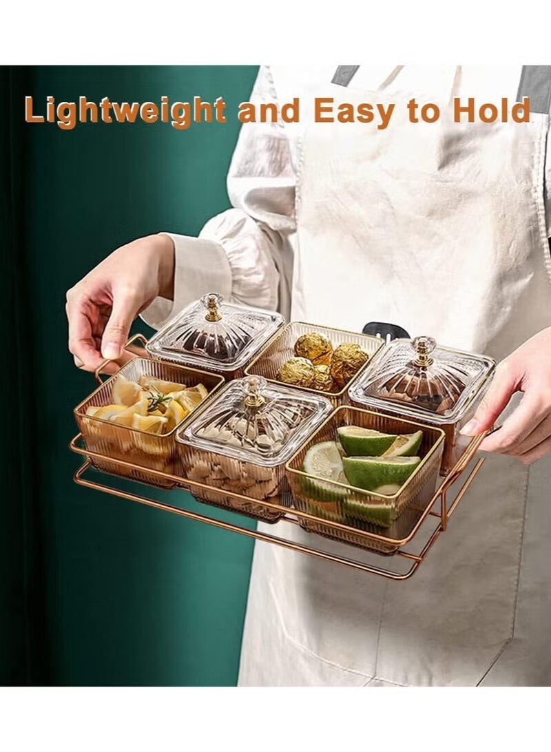 AGREON Snack Serving Tray with Lid, Divided Serving Dishes 6 Clear Candy Nut Serving Container Set with Metal Rack, Plastic Food Display Bowls Dried Fruit Storage Organizer Plate for Candy Fruit Dips Dessert - Image 3