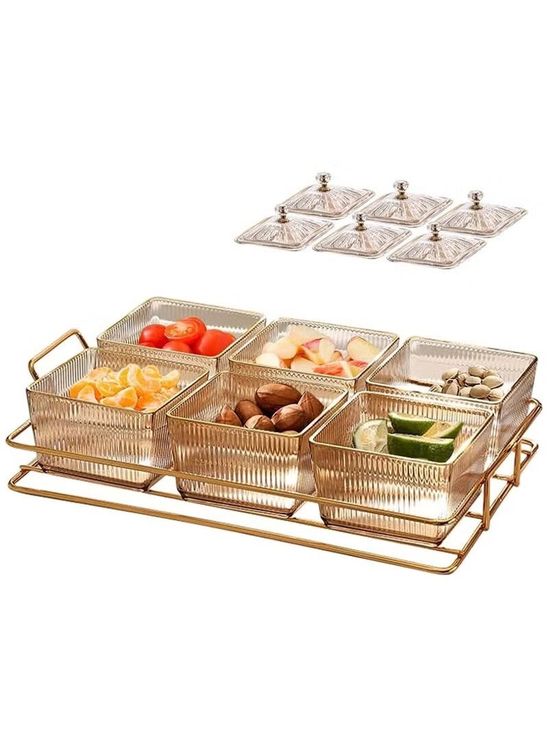 AGREON Snack Serving Tray with Lid, Divided Serving Dishes 6 Clear Candy Nut Serving Container Set with Metal Rack, Plastic Food Display Bowls Dried Fruit Storage Organizer Plate for Candy Fruit Dips Dessert - Image 1