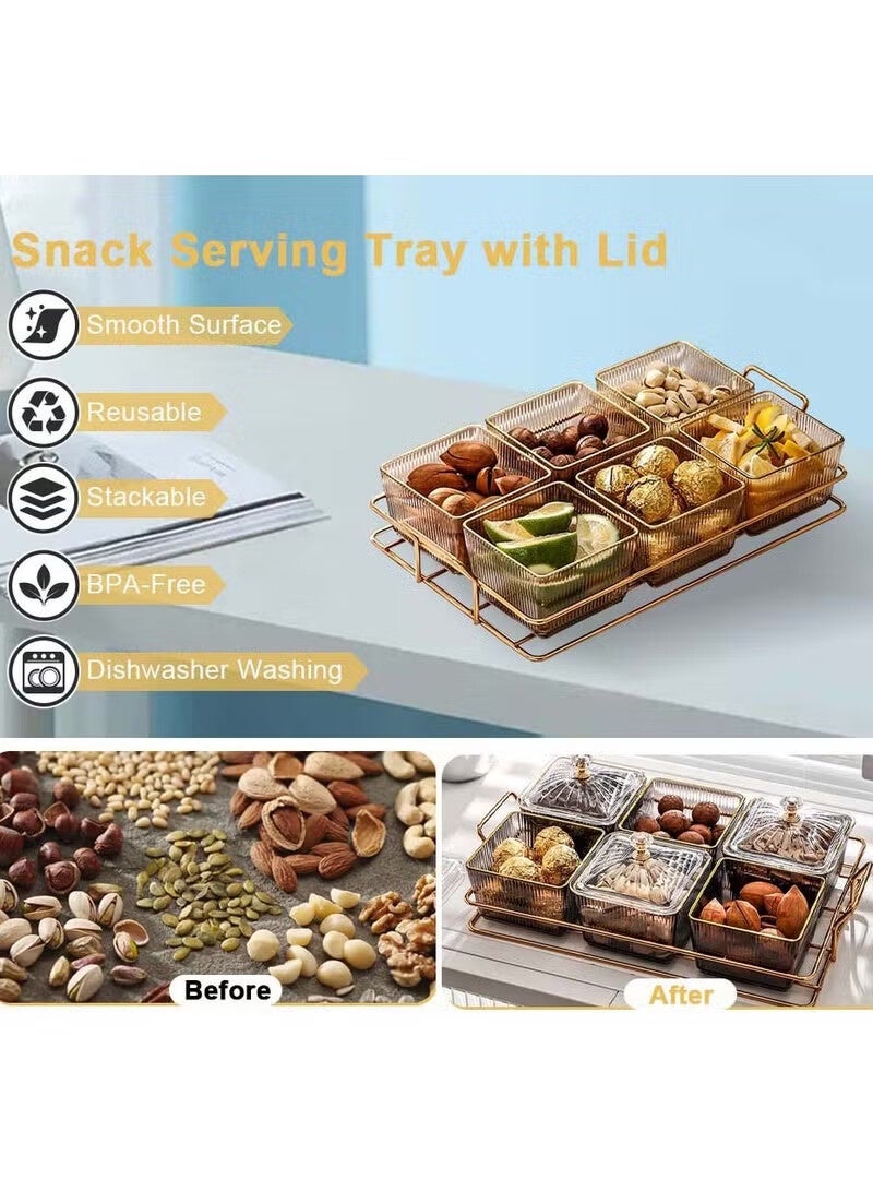 AGREON Snack Serving Tray with Lid, Divided Serving Dishes 6 Clear Candy Nut Serving Container Set with Metal Rack, Plastic Food Display Bowls Dried Fruit Storage Organizer Plate for Candy Fruit Dips Dessert - Image 2