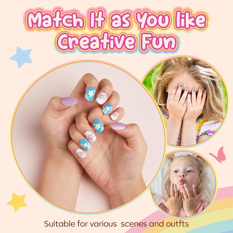 Modelones Press on Nails for Kids 144Pcs 6 Pack Children Acrylic Fake Nails Pre-glue Full Cover Glitter Color Starts Unicorn Butterfly False Nail Kits Sets Thanksgiving Christmas Gifts for Girls - Image 3