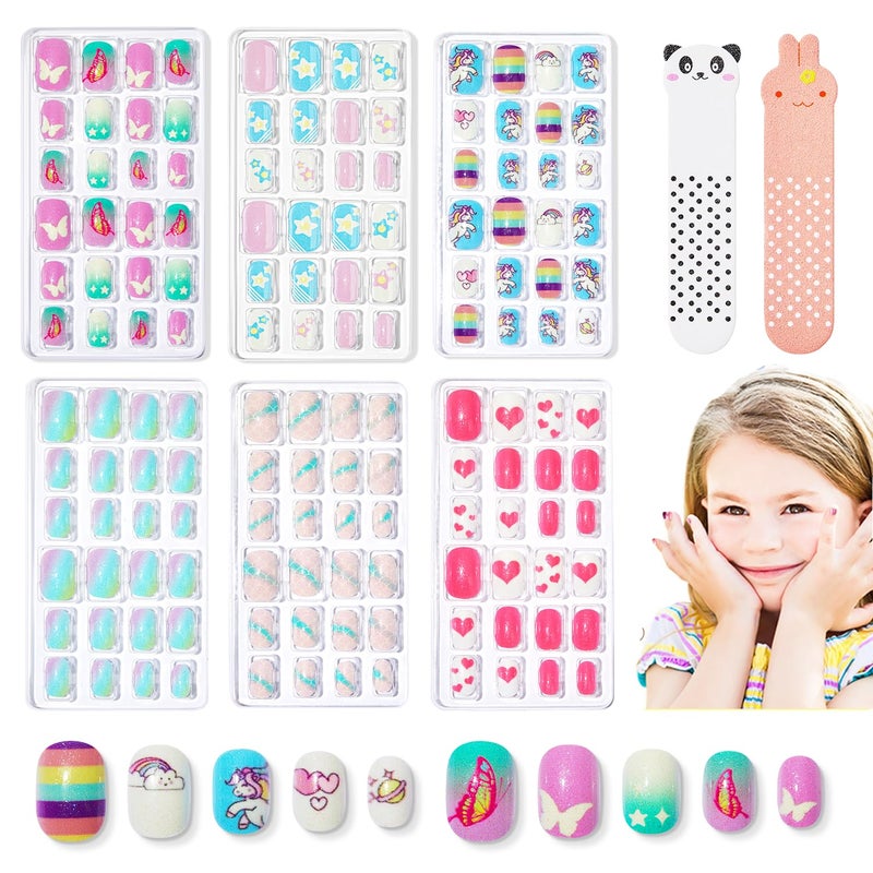 Modelones Press on Nails for Kids 144Pcs 6 Pack Children Acrylic Fake Nails Pre-glue Full Cover Glitter Color Starts Unicorn Butterfly False Nail Kits Sets Thanksgiving Christmas Gifts for Girls - Image 1