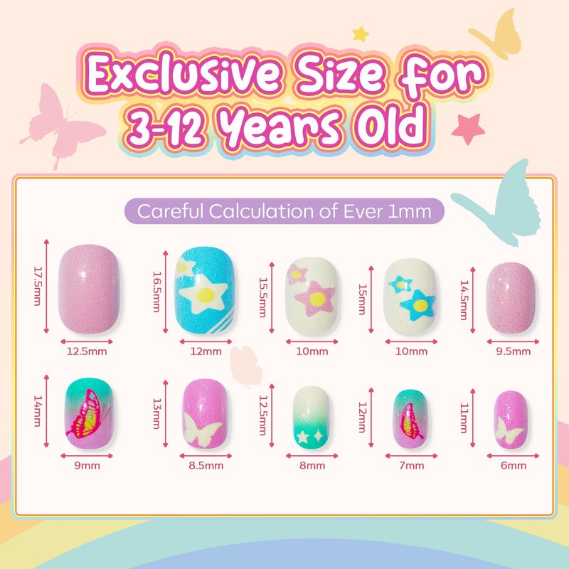 Modelones Press on Nails for Kids 144Pcs 6 Pack Children Acrylic Fake Nails Pre-glue Full Cover Glitter Color Starts Unicorn Butterfly False Nail Kits Sets Thanksgiving Christmas Gifts for Girls - Image 2