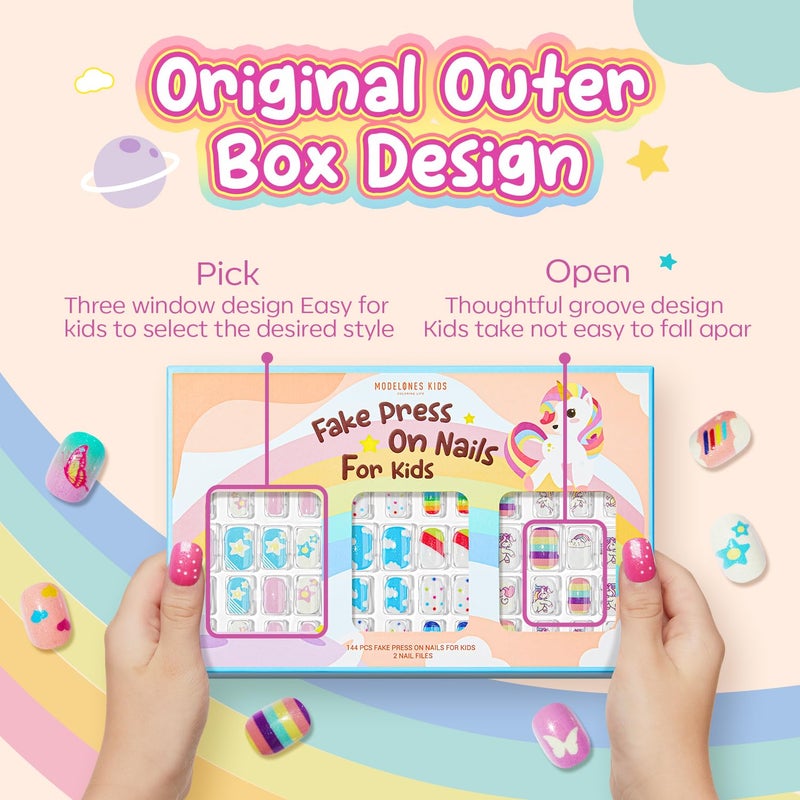 Modelones Press on Nails for Kids 144Pcs 6 Pack Children Acrylic Fake Nails Pre-glue Full Cover Glitter Color Starts Unicorn Butterfly False Nail Kits Sets Thanksgiving Christmas Gifts for Girls - Image 5