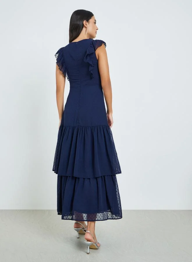 Styli  Navy Blue Dobby Tiered Maxi Dress for Women | Best Price UAE