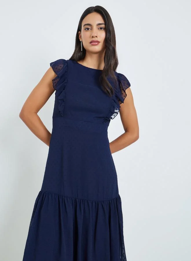 Styli  Navy Blue Dobby Tiered Maxi Dress for Women | Best Price UAE