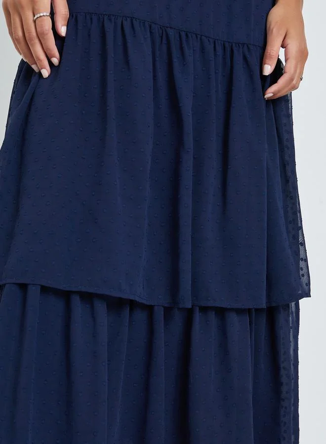 Styli  Navy Blue Dobby Tiered Maxi Dress for Women | Best Price UAE