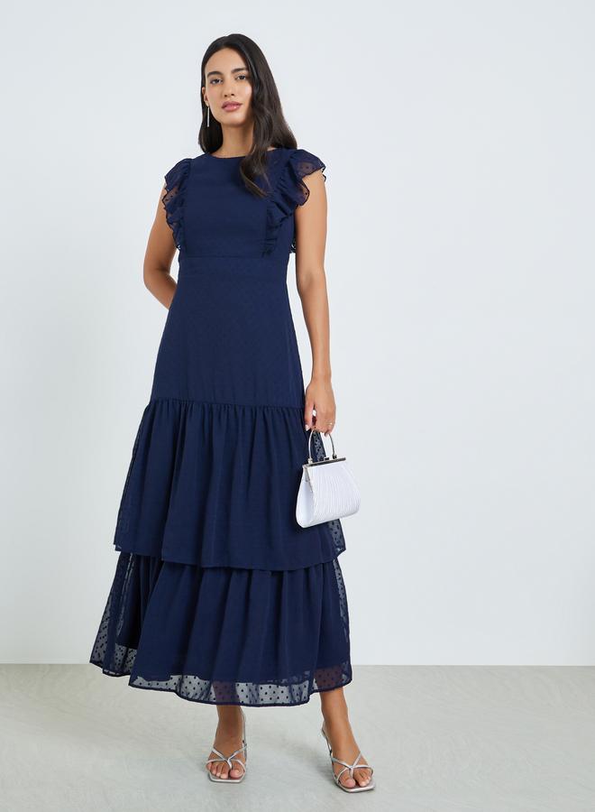 Styli Navy Blue Dobby Tiered Maxi Dress - Image 1