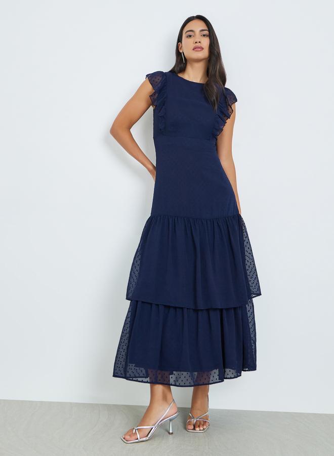 Styli Navy Blue Dobby Tiered Maxi Dress - Image 3