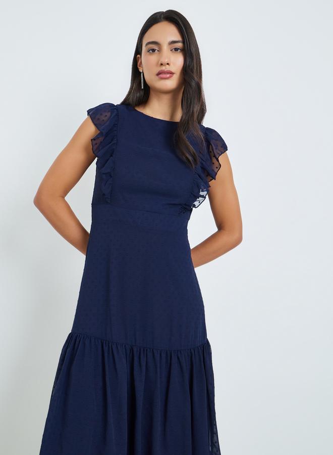 Styli Navy Blue Dobby Tiered Maxi Dress - Image 2