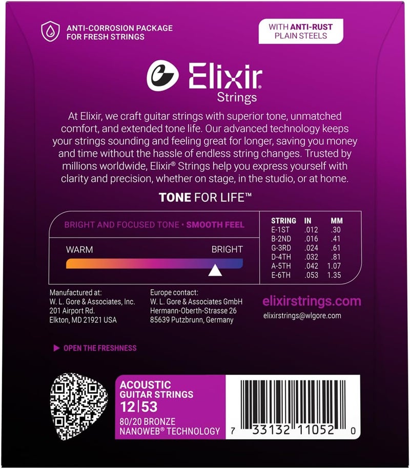 Elixir Strings 80/20 Bronze Acoustic Guitar Strings with NANOWEB Coating, Light (.012-.053) - Image 2