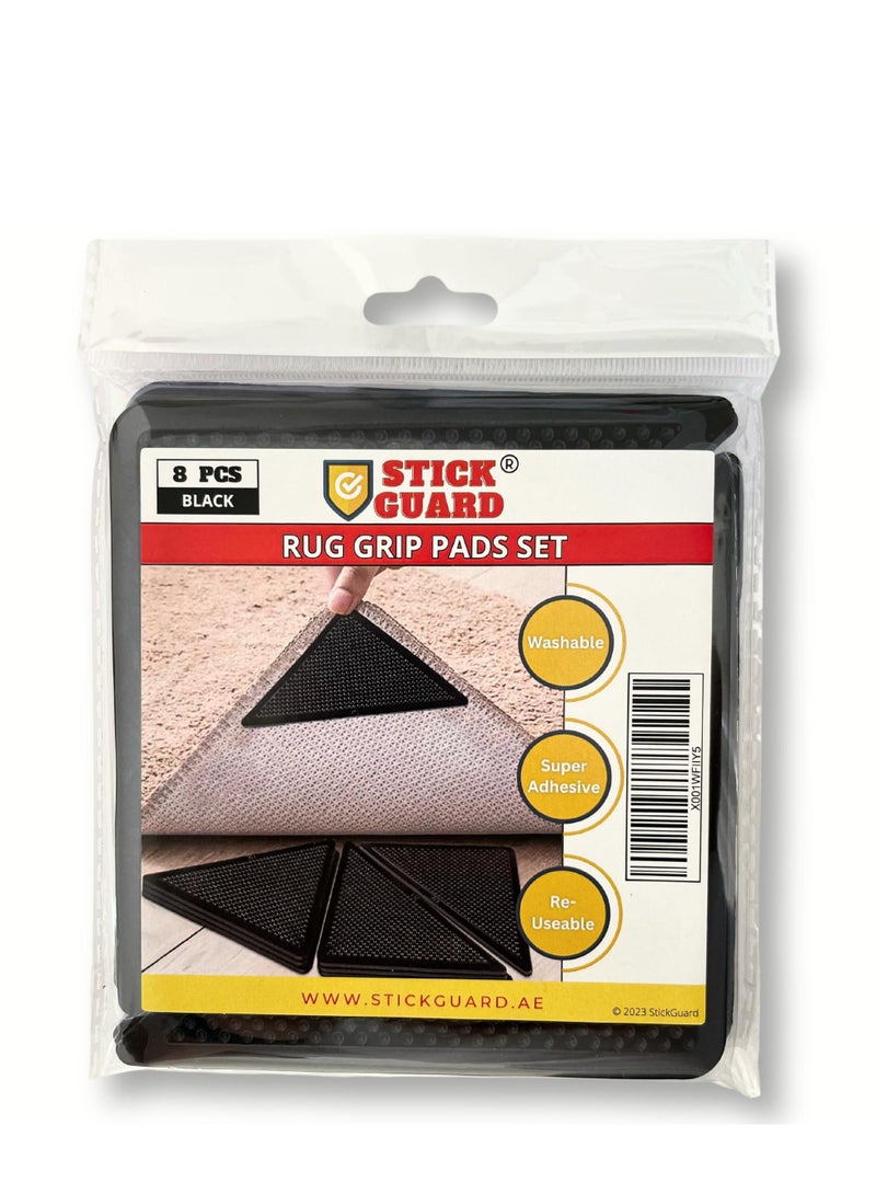 StickGuard 8 Pieces Triangular Rug Corner Grippers - Double Sided Rug Tape for Hardwood, Tile, and Carpet Floors - Anti Slip Rug Grips - Reusable, Washable, and Pre-Taped for Easy Installation – Black - Image 1