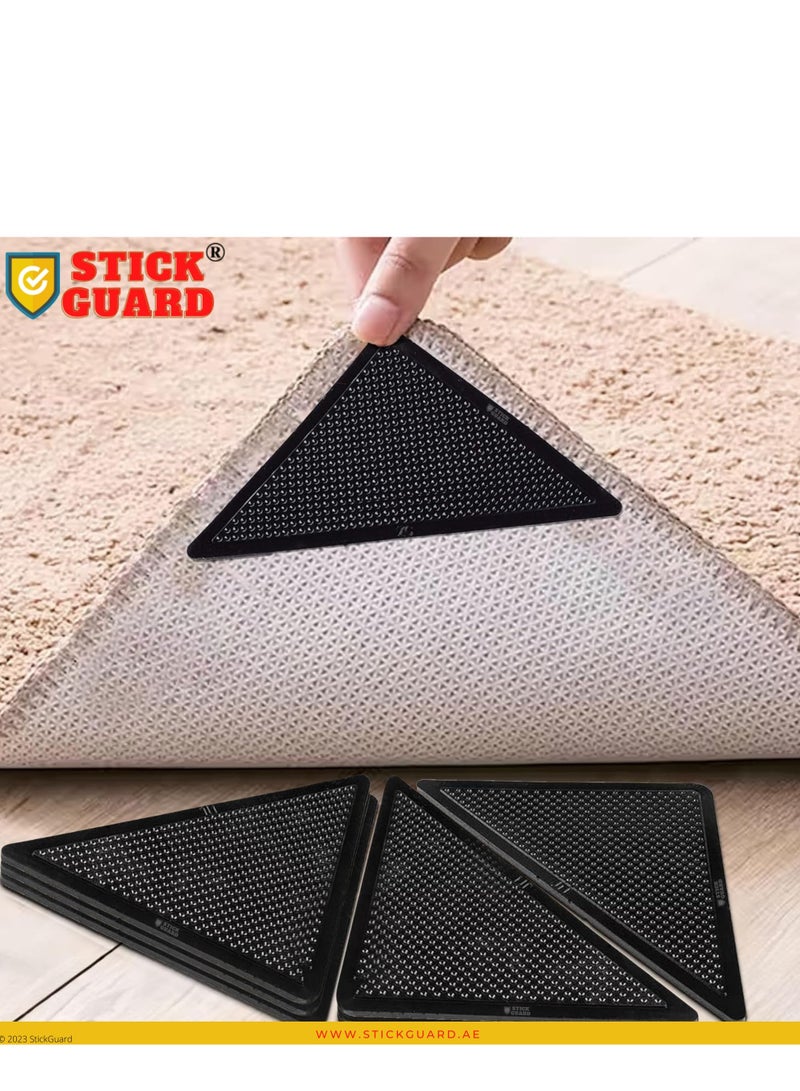 StickGuard 8 Pieces Triangular Rug Corner Grippers - Double Sided Rug Tape for Hardwood, Tile, and Carpet Floors - Anti Slip Rug Grips - Reusable, Washable, and Pre-Taped for Easy Installation – Black - Image 2