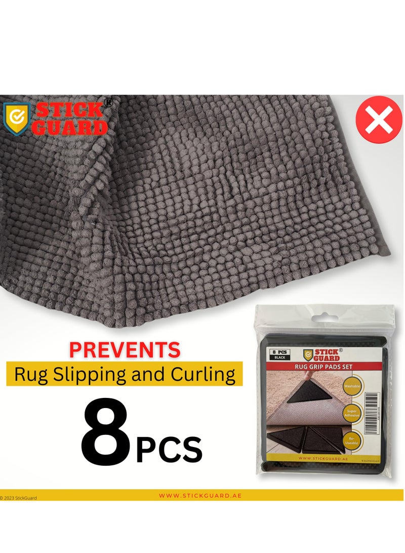 StickGuard 8 Pieces Triangular Rug Corner Grippers - Double Sided Rug Tape for Hardwood, Tile, and Carpet Floors - Anti Slip Rug Grips - Reusable, Washable, and Pre-Taped for Easy Installation – Black - Image 4