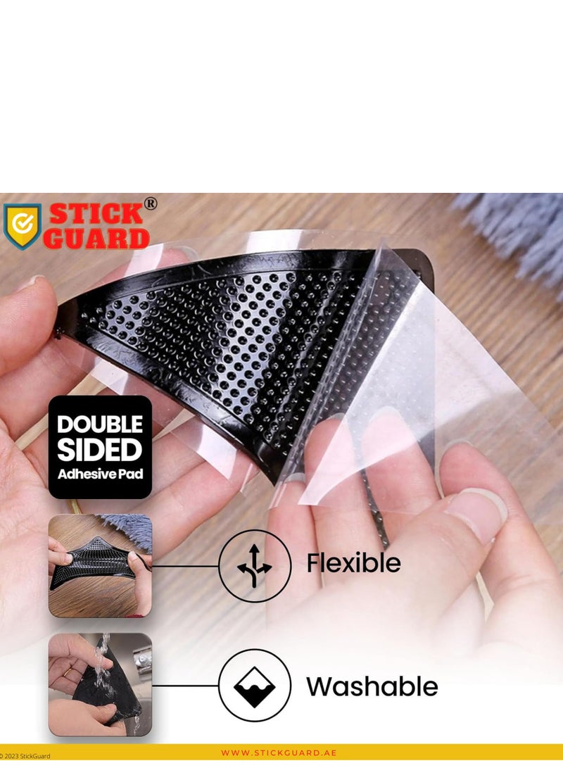 StickGuard 8 Pieces Triangular Rug Corner Grippers - Double Sided Rug Tape for Hardwood, Tile, and Carpet Floors - Anti Slip Rug Grips - Reusable, Washable, and Pre-Taped for Easy Installation – Black - Image 5