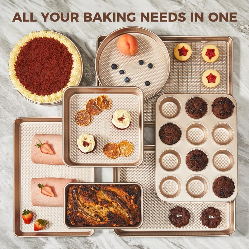 HONGBAKE 9-Piece Baking Pans Set Nonstick, Stackable Non Toxic Bakeware Sets with Diamond Texture, Oven Pan Set for Cooking, Includes Cookie Sheet with Rack, Cake Pan, Roasting Pan, Muffin Tin, Gold - Image 4