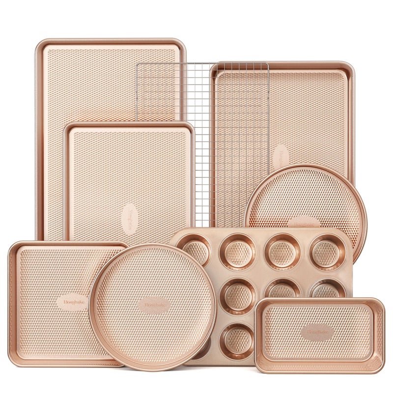 HONGBAKE 9-Piece Baking Pans Set Nonstick, Stackable Non Toxic Bakeware Sets with Diamond Texture, Oven Pan Set for Cooking, Includes Cookie Sheet with Rack, Cake Pan, Roasting Pan, Muffin Tin, Gold - Image 1
