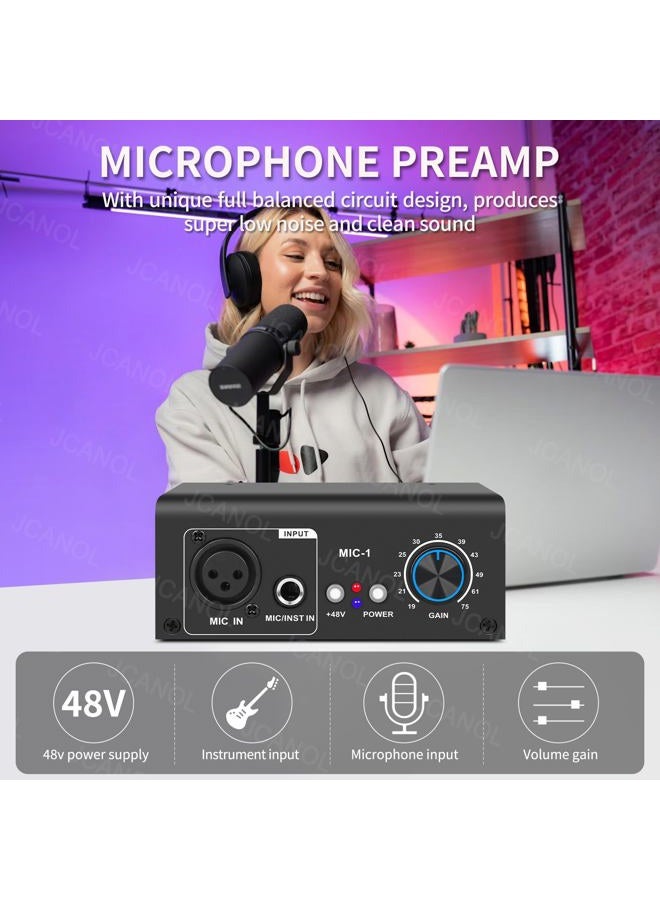 JCANOL MIC-1 Microphone Preamp Mic Gain Booster with 2 Input Max 75db Gain 48V Phantom Power Ultra-Clean Gain for Dynamic and Condenser Mic - Image 2