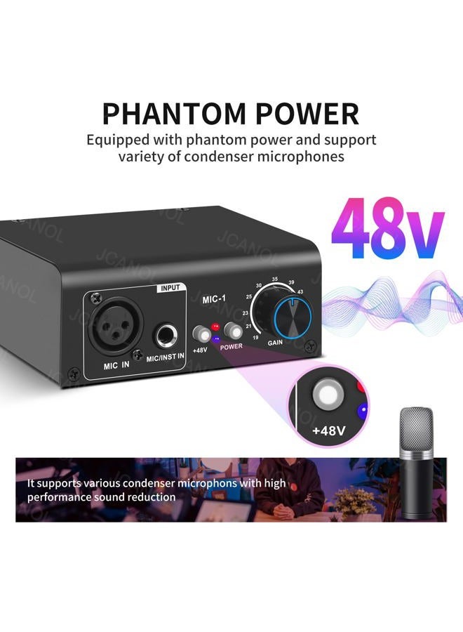 JCANOL MIC-1 Microphone Preamp Mic Gain Booster with 2 Input Max 75db Gain 48V Phantom Power Ultra-Clean Gain for Dynamic and Condenser Mic - Image 5