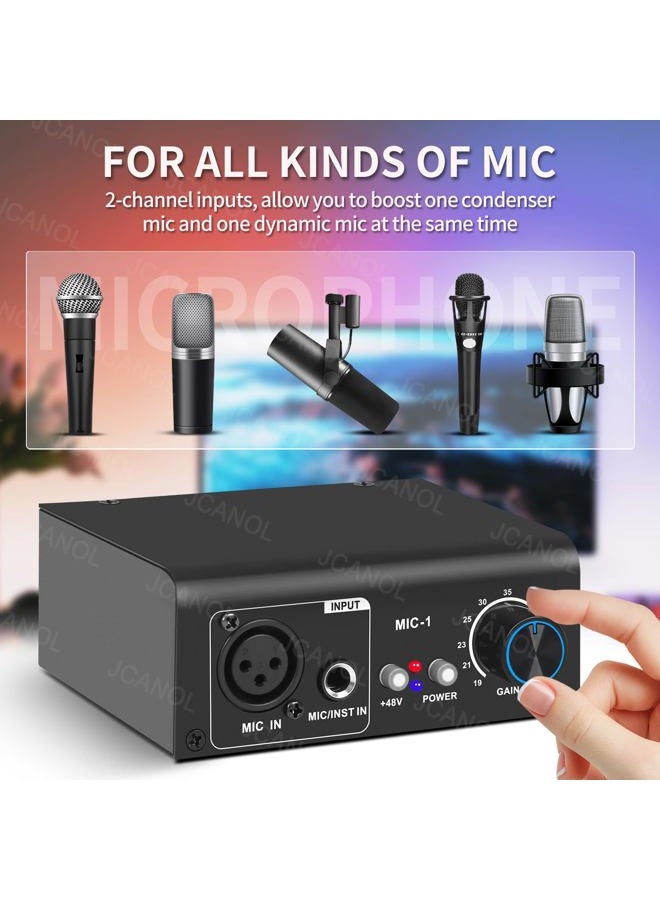 JCANOL MIC-1 Microphone Preamp Mic Gain Booster with 2 Input Max 75db Gain 48V Phantom Power Ultra-Clean Gain for Dynamic and Condenser Mic - Image 3
