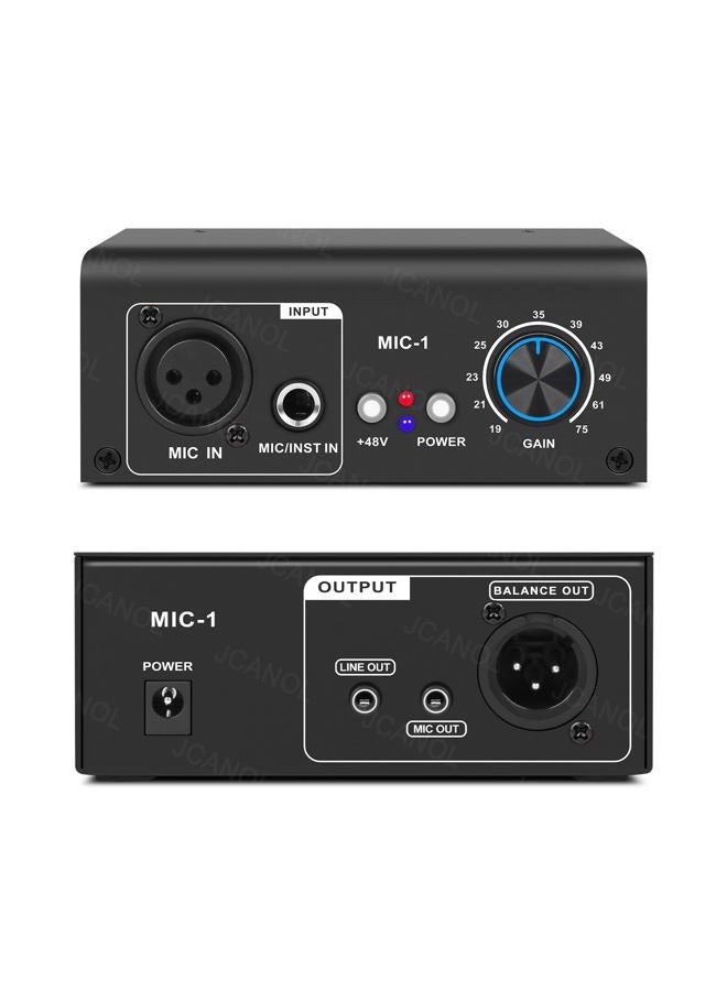 JCANOL MIC-1 Microphone Preamp Mic Gain Booster with 2 Input Max 75db Gain 48V Phantom Power Ultra-Clean Gain for Dynamic and Condenser Mic - Image 1