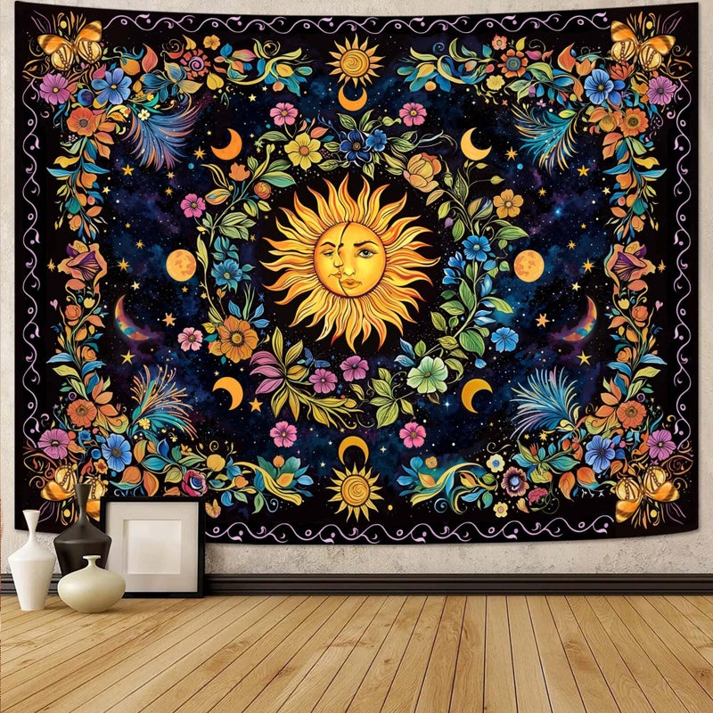 Lifeella Blacklight Sun and Moon Tapestry, Glow in The Dark UV Reactive Wall Decor, Aesthetic Bohemian Tapestries for Bedroom Living Room, Mystic Floral Art 36Ã—48 inches - Image 2